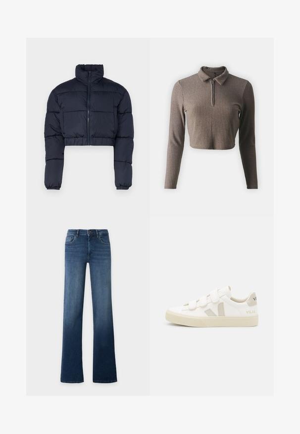 Μπλε ναυτικό cropped puffer μπουφάν με ψηλό γιακά, φερμουάρ και ελαστικές μανσέτες. Διαθέτει ραμμένα πάνελ για μόνωση.; ONLY Petite ONLNELLA HALF ZIP - Μπλούζα με μακριά μανίκια - carafe; Μπλε τζιν ψηλόμεσο με ίσιο πόδι, κουμπί και φερμουάρ, μπροστινές και πίσω τσέπες, σε απλό ανοιχτό φόντο.; Λευκά αθλητικά παπούτσια με ανοιχτήρι από βέλκρο, σουέτ λεπτομέρειες σε μπεζ, υφή από καουτσούκ σόλα και λογότυπο V σε γκρι. Μινιμαλιστικός σχεδιασμός, στρογγυλή γραμμή.