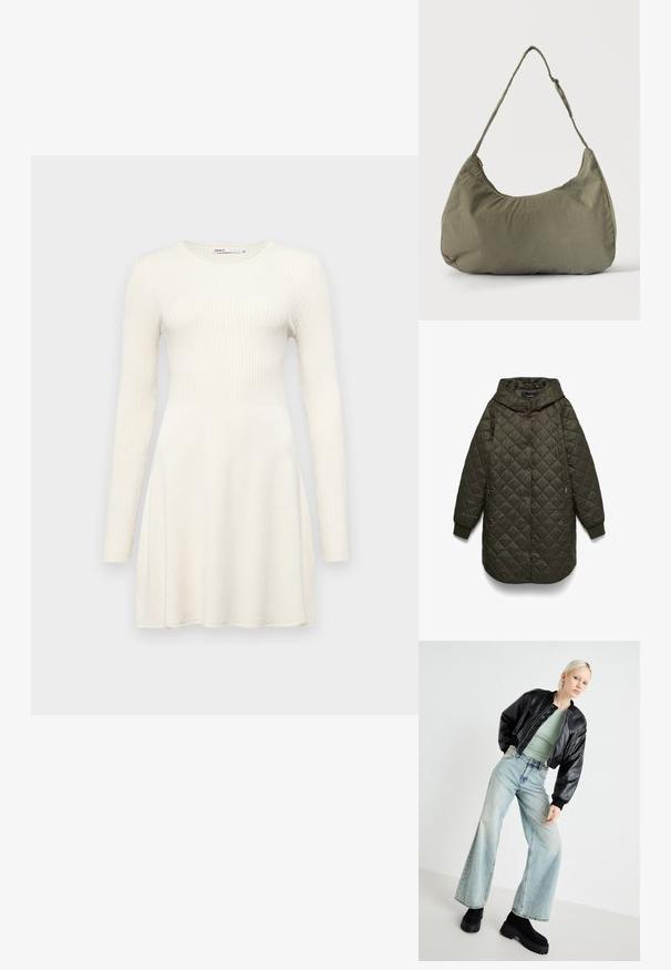 Chaqueta larga acolchada de color verde oliva oscuro con capucha, cierre frontal de botones a presión, bolsillos laterales con cremallera y puños acanalados.; Vestido de manga larga en tejido de canalé beige claro. Cuerpo ajustado con falda acampanada. Escote redondeado y diseño simple. Textura suave.; Chaqueta bomber de cuero negro, top ajustado verde claro, jeans de pierna ancha azul claro y botas de plataforma gruesas negras. Texturas suaves y colores contrastantes.; Bolso de hombro de tela suave color verde oliva con cierre de cremallera y correa ajustable sobre un fondo liso y claro.