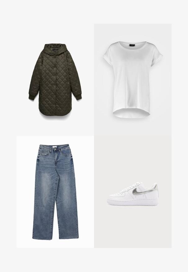 Veste longue matelassée vert olive foncé avec capuche, fermeture à boutons-pression sur le devant, poches latérales zippées et poignets côtelés.; T-shirt blanc à manches courtes avec un col rond, ourlet arrière légèrement plus long, en tissu de coton doux et avec des manches retroussées. Pas d'imprimés visibles.; Jean large en denim bleu avec poches avant et poche monnaie, fermeture par bouton, et détails délavés.; Baskets basses blanches avec le swoosh Nike argent métallisé et des lacets blancs sur un fond gris clair uni.