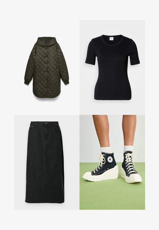 Chaqueta larga acolchada de color verde oliva oscuro con capucha, cierre frontal de botones a presión, bolsillos laterales con cremallera y puños acanalados.; Camiseta negra de manga corta hecha de algodón suave. Presenta un cuello redondo y un ajuste ceñido con detalles mínimos de costura.; Falda de mezclilla negra con cintura alta, corte recto y costuras inclinadas únicas. Presenta aberturas laterales y un cierre de botones en la cinturilla.; Zapatillas negras de caña alta con una suela de plataforma blanca elevada, con cordones blancos y un parche de logo redondo en el costado. Material de lona texturizada.