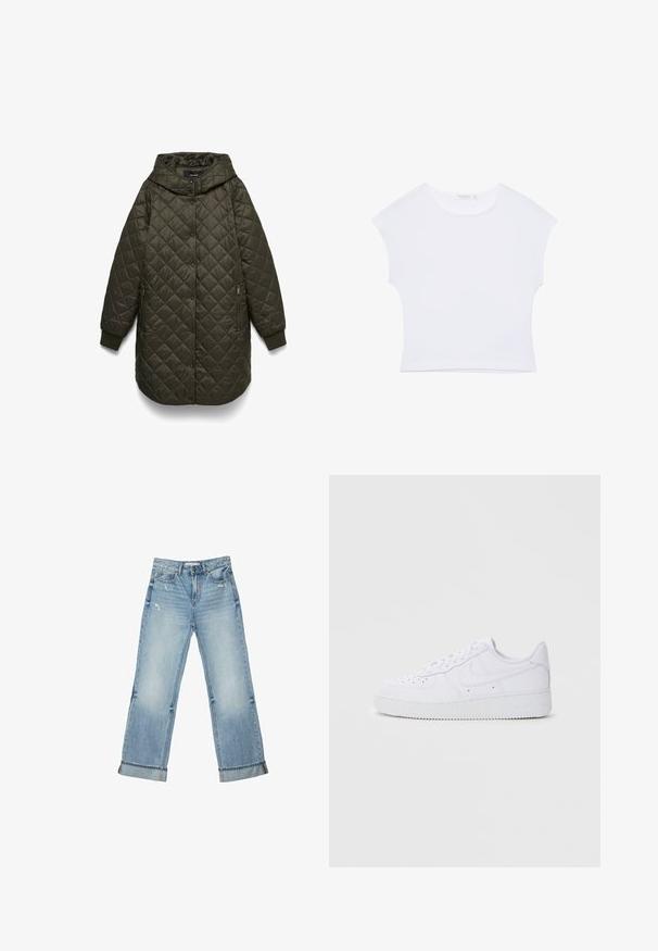 Mørke olivengrøn lang quiltet jakke med hætte, trykknaplukning foran, lynlåslommer i siderne og ribstrikkede manchetter.; Hvid kortærmet cropped T-shirt med rund halsudskæring, lavet af glat stof, lagt fladt på en hvid baggrund.; Lyseblå cowboybukser med vide ben, opkrogede kanter og let slid foran ved lommerne og lårene.; Hvide Nike Air Force 1 sneakers med læderoverdel, rund tå, snørelukning, polstret krave og struktureret gummisål.