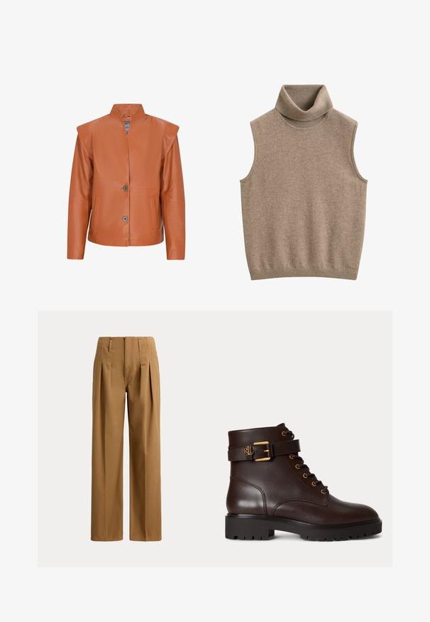 Veste en cuir marron avec un col haut, deux poches avant et une fermeture à bouton. Elle présente une texture lisse et des épaules structurées.; Gilet sans manches beige en maille avec col roulé et bord-côtes au niveau du col et de l'ourlet, en tissu doux.; Pantalon marron taille haute, jambes larges, avec plis devant et passants de ceinture, présenté sur un fond uni.; Bottine en cuir marron foncé avec laçage devant, sangle à boucle dorée et semelle épaisse à crampons noirs.
