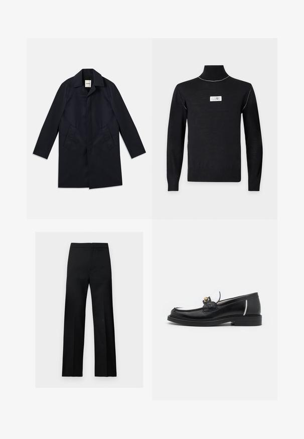 Marinefrakke med spids krave, enkeltrækket design, to sidelommer og glat stoftekstur. Minimalistisk stil, ingen synlig hardware.; Sort langærmet rullekrave-sweater med hvide syninger på skuldrene og et lille hvidt rektangulært logomærke på brystet.; Sorte, lige formelle bukser med høj talje og et rent, minimalistisk design, vist på en ensartet lys baggrund.; Sort læder loafers med rund tå, hvide detaljer og guldbelagte metaldele på vamps. Har et struktureret patch og stablet hæl.