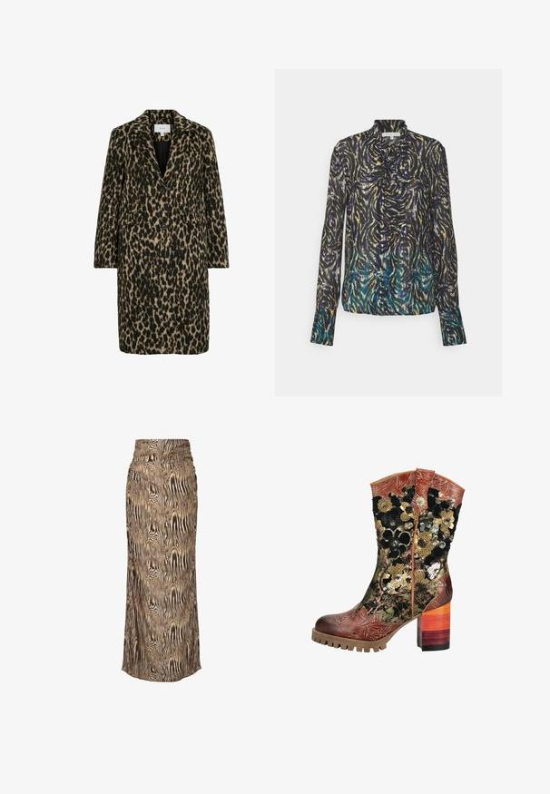 Abrigo de estampado de leopardo en tonos de negro y beige, con solapas muestradas, cierre de doble botón y dos bolsillos frontales. Tejido texturizado.; Patrizia Pepe CAMICIA - Blusa - dark multicolor; Falda midi de color beige y marrón con un diseño estampado que recuerda la veta de la madera, con una cintura fruncida y un corte recto.; Bota de cuero y tela hasta la mitad de la pantorrilla con un patrón floral de lentejuelas, puntera marrón grabada y tacón bloque multicolor grueso con suela estriada.