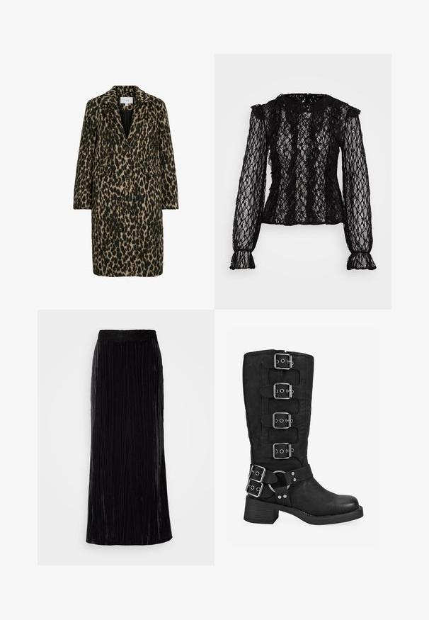 Abrigo de estampado de leopardo en tonos de negro y beige, con solapas muestradas, cierre de doble botón y dos bolsillos frontales. Tejido texturizado.; Top de encaje negro de manga larga con un diseño ajustado, detalles con volantes en los hombros y puños, y un patrón floral texturizado en toda la prenda.; Falda larga de terciopelo negro con pliegues verticales y una pretina de encaje en forma de concha. La tela tiene un aspecto suave y texturizado.; Bota negra hasta la mitad de la pantorrilla con cuatro hebillas plateadas en la caña, dos hebillas cerca del tobillo y un tacón bajo y cuadrado.
