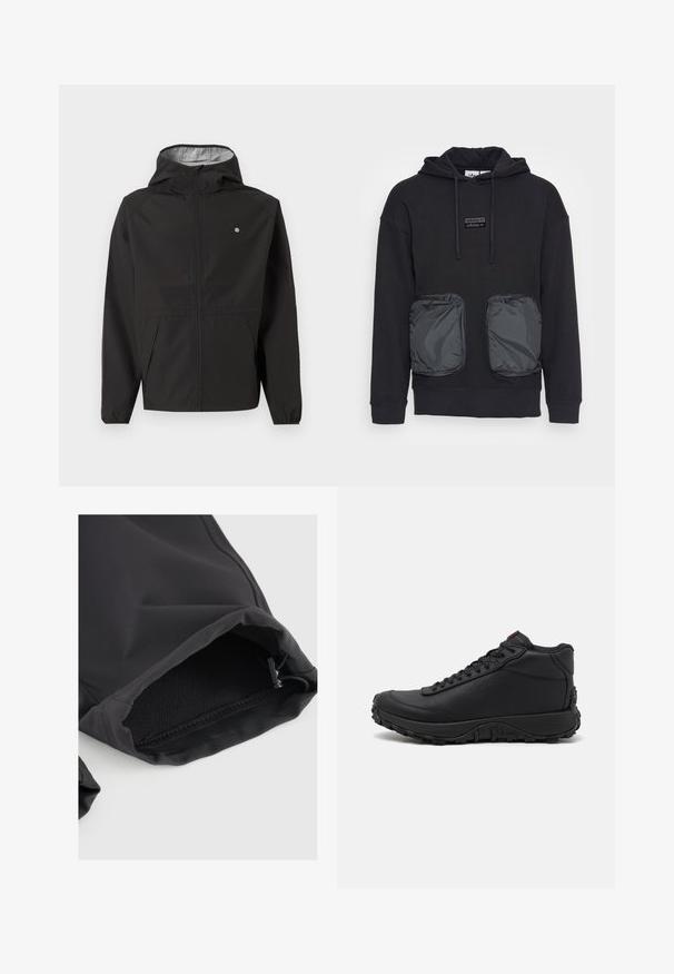 Schwarze leichte Kapuzenjacke mit Frontreißverschluss, elastischen Bündchen, Seitentaschen und kleinem weißen Logo auf der linken Brust.; Schwarzer Kapuzenpullover mit lässiger Passform, ausgestattet mit zwei großen Reißverschlusstaschen aus glänzendem Material auf der Vorderseite. Kleines Logopatch über den Taschen.; Schwarze Stoffhülse mit elastischem Bündchen, verfügt über eine glatte Textur und einen subtilen Glanz. Verstellbarer Kordelzug am Öffnungsrand für eine optimale Passform.; Schwarze High-Top-Sneaker aus strukturiertem Leder, mit einer dicken Gummisohle mit Profil und Schnürdesign. Roter Akzent auf der Zunge.