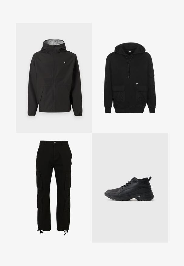 Schwarze leichte Kapuzenjacke mit Frontreißverschluss, elastischen Bündchen, Seitentaschen und kleinem weißen Logo auf der linken Brust.; Schwarzer Kapuzenpulli aus weichem Stoff, mit einer Kordelzugkapuze, Fronttaschen und einem Logo-Patch auf der linken Brustseite.; Schwarze Cargohose aus Baumwolle mit mehreren seitlichen Taschen, einem Knopfverschluss und verstellbaren Säumen mit Kordelzug.; Schwarze Sportschuhe aus synthetischem Material. Ausgestattet mit einem gepolsterten Kragen, einer runden Spitze, einer robusten Laufsohle mit Profil und einem Markenlogo.