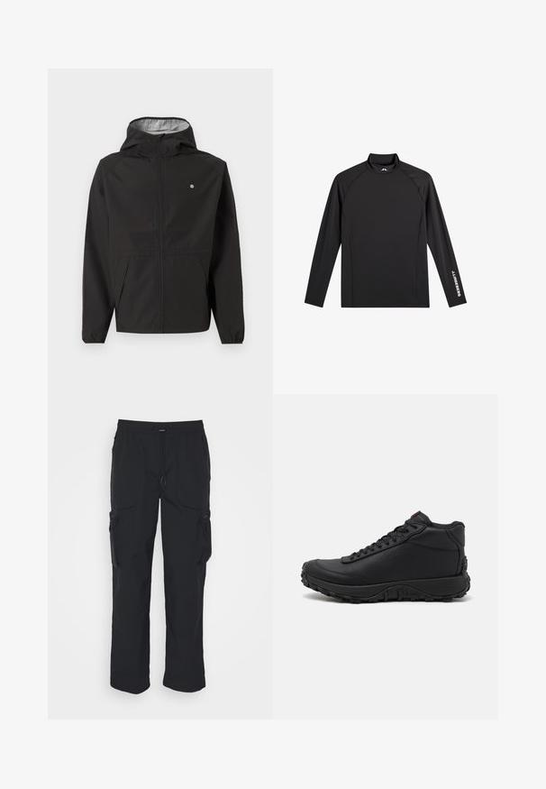 Schwarze leichte Kapuzenjacke mit Frontreißverschluss, elastischen Bündchen, Seitentaschen und kleinem weißen Logo auf der linken Brust.; Schwarzes Langarm-Sportoberteil mit Stehkragen, schlanker Passform und weißem "J.Lindeberg"-Logo am linken Ärmel und Kragen.; Schwarze Cargo-Hosen aus gewebtem Stoff. Mit verstellbarem Bund, Seitentaschen und zwei Utility-Taschen mit Reißverschlüssen.; Schwarze High-Top-Sneaker aus strukturiertem Leder, mit einer dicken Gummisohle mit Profil und Schnürdesign. Roter Akzent auf der Zunge.