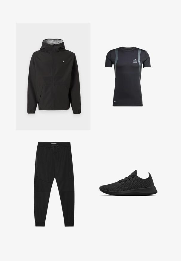 Schwarze leichte Kapuzenjacke mit Frontreißverschluss, elastischen Bündchen, Seitentaschen und kleinem weißen Logo auf der linken Brust.; Schwarzes, kurzärmeliges Sportshirt mit grauen Akzenten, aus dehnbarem Material. Mit Adidas-Logo auf der linken Brust und Techfit-Branding.; Schwarze Sporthosen aus strukturiertem Stoff, mit verstellbarem Bund, seitlicher Reißverschlusstasche und schmal zulaufenden Bündchen.; Allbirds TREE RUNNERS - Sneaker low - jet black/ black sole