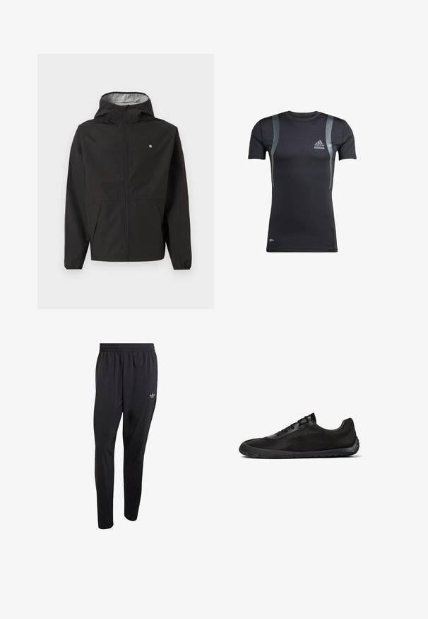 Zwarte lichtgewicht capuchonjas met rits aan de voorkant, elastische manchetten, zijzakken en een klein wit logo op de linkerborst.; Zwart sportshirt met korte mouwen en grijze accenten, gemaakt van rekbare stof. Bevat een Adidas-logo op de linkerborst en Techfit-branding.; Zwarte sportbroek gemaakt van lichtgewicht materiaal, voorzien van een elastische tailleband en een klein reliëflogo op het bovenste gedeelte van het linkerbeen.; Zwarte lage sneaker met mesh bovenwerk, vetersluiting en flexibele rubberen zool, zijaanzicht op witte achtergrond.