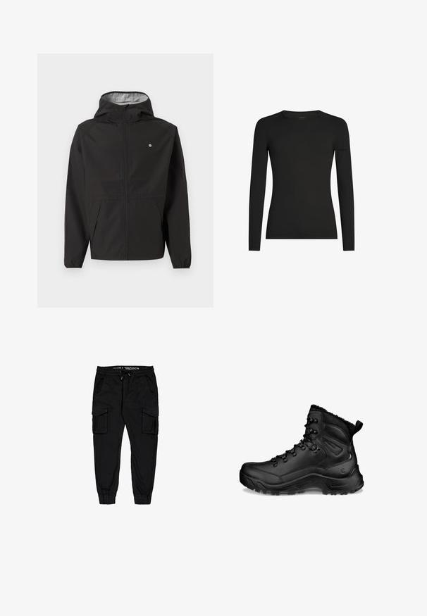 Schwarze leichte Kapuzenjacke mit Frontreißverschluss, elastischen Bündchen, Seitentaschen und kleinem weißen Logo auf der linken Brust.; Schwarzes, langärmeliges, figurbetontes T-Shirt mit Rundhalsausschnitt und dezentem Icebreaker-Logo auf dem linken Ärmel, dargestellt vor weißem Hintergrund.; Schwarze Cargo-Hosen aus leichtem Stoff, mit elastischem Bund, Kordelzug und mehreren Seitentaschen sowie schmal zulaufenden Bündchen.; Schwarzer hoher Wanderschuh mit gepolstertem Knöchel, Schnürhaken, robuster Sohle und Zuglasche an der Ferse, entworfen für den Außeneinsatz und kaltes Wetter.