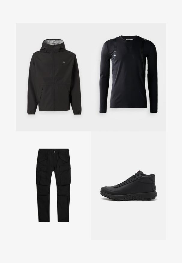 Schwarze leichte Kapuzenjacke mit Frontreißverschluss, elastischen Bündchen, Seitentaschen und kleinem weißen Logo auf der linken Brust.; Schwarzes, langärmliges Sportshirt aus glattem, dehnbarem Stoff. Verfügt über glänzende schwarze Akzente an den Schultern und ein Adidas-Logo auf der Brust.; Schwarze Cargohose mit mehreren Klappentaschen vorne und an den Seiten, Knopfverschluss und Gürtelschlaufen, flach auf weißem Hintergrund ausgelegt.; Schwarze High-Top-Sneaker aus strukturiertem Leder, mit einer dicken Gummisohle mit Profil und Schnürdesign. Roter Akzent auf der Zunge.