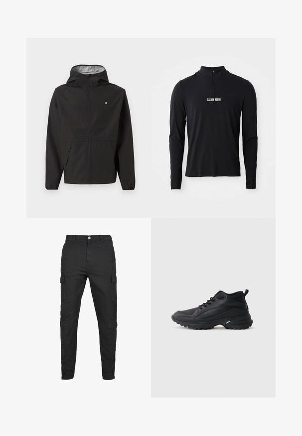 Schwarze leichte Kapuzenjacke mit Frontreißverschluss, elastischen Bündchen, Seitentaschen und kleinem weißen Logo auf der linken Brust.; Schwarzes Langarmoberteil mit hohem Kragen, ausgestattet mit einem Viertel-Reißverschluss und weißem "CALVIN KLEIN" Logo auf der Vorderseite. Glatter, elastischer Stoff.; Schwarze Cargo-Hosen aus strapazierfähigem Stoff. Verfügt über mehrere Seitentaschen, einen Knopfverschluss und ein tailliertes Bein-Design. Flacher Frontschnitt, keine Muster.; Schwarze Sportschuhe aus synthetischem Material. Ausgestattet mit einem gepolsterten Kragen, einer runden Spitze, einer robusten Laufsohle mit Profil und einem Markenlogo.