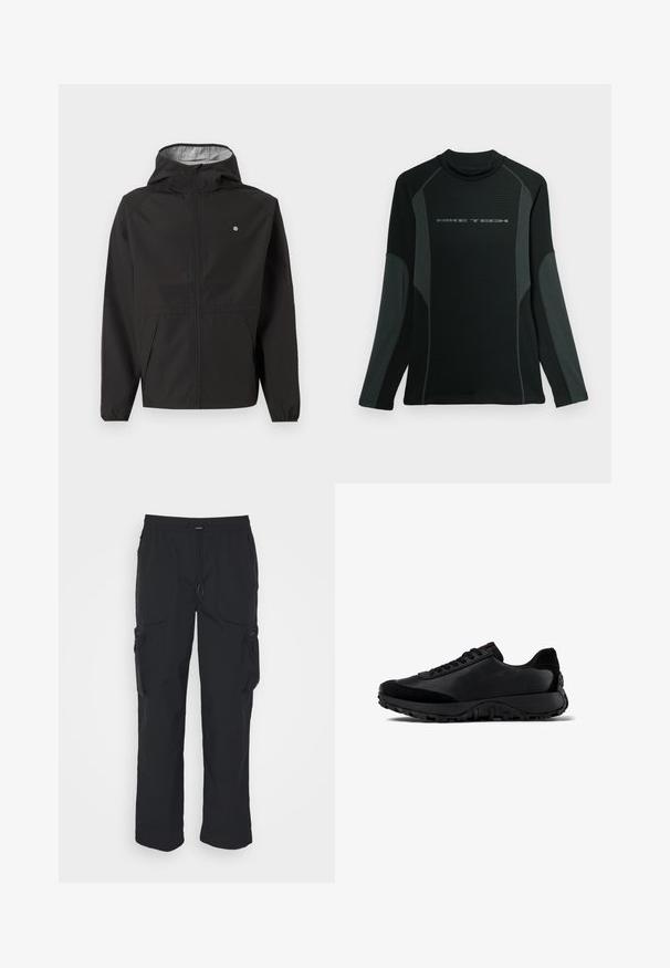 Schwarze leichte Kapuzenjacke mit Frontreißverschluss, elastischen Bündchen, Seitentaschen und kleinem weißen Logo auf der linken Brust.; Schwarzes langärmliges Shirt mit hohem Kragen, aus strukturiertem Stoff. Hat graue Seitenpanels und das "NIKE TECH"-Logo auf der Brust.; Schwarze Cargo-Hosen aus gewebtem Stoff. Mit verstellbarem Bund, Seitentaschen und zwei Utility-Taschen mit Reißverschlüssen.; Schwarze Sneaker aus einer Kombination von strukturiertem Leder und Wildleder. Sie verfügen über eine dicke Gummisohle mit robustem Profil und einem Schnürdesign.