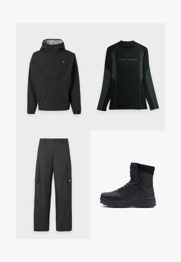 Schwarze leichte Kapuzenjacke mit Frontreißverschluss, elastischen Bündchen, Seitentaschen und kleinem weißen Logo auf der linken Brust.; Schwarzes langärmliges Shirt mit hohem Kragen, aus strukturiertem Stoff. Hat graue Seitenpanels und das "NIKE TECH"-Logo auf der Brust.; Schwarze gerade Cargo-Hosen mit seitlichen Klappentaschen, Druckknopfverschluss, Gürtelschlaufen und kleinem weißen Logo auf der Klappentasche rechts.; Schwarzer taktischer Stiefel mit einem glatten Lederoberteil und Stoffpaneelen, hoher Knöchelgestaltung, schnürbarem vorderen Teil und robustem Gummisohle.