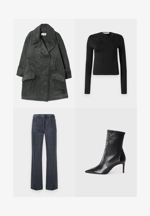Mørkegrå dobbeltradet trenchcoat med brede slag, to store klaplommer, sidelommer og ærmedetaljer på en ensfarvet baggrund.; Sort langærmet top med en omslagsdesign, lavet af glat stof. Har en cropped længde og en V-formet udskæring. Ingen mønstre eller accenter.; Mørkegrå straight-leg denimjeans med lukning foran med knapper og lynlås, bæltestropper og forlommer.; Sorte ankelstøvler lavet af glat læder, med spids tå, tætsiddende skaft og en slank høj hæl. Minimalistisk design uden synligt hardware.