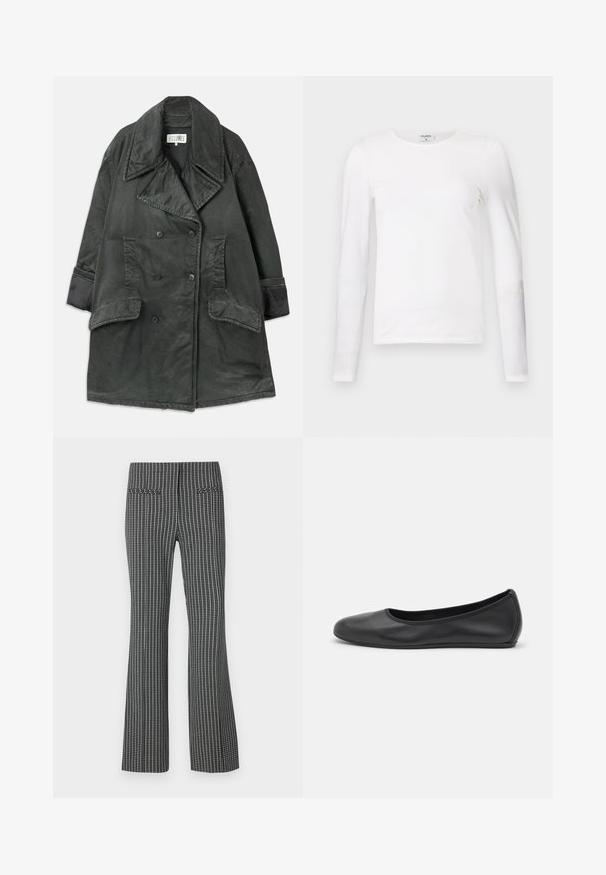 Gabardina de doble botonadura en gris oscuro con amplios solapas, dos grandes bolsillos de solapa, bolsillos laterales de ojal y detalles en los puños sobre un fondo liso.; Camiseta de manga larga blanca, hecha de algodón suave, que presenta un escote redondo y un diseño ajustado con costuras limpias y sin patrones visibles.; Pantalones a cuadros en blanco y negro, diseño de pierna acampanada, con dos bolsillos traseros y tejido texturizado con patrón de cuadrícula visible.; Bailarina de piel negra con punta redondeada, textura suave, detalle de costura minimalista y diseño de suela flexible.