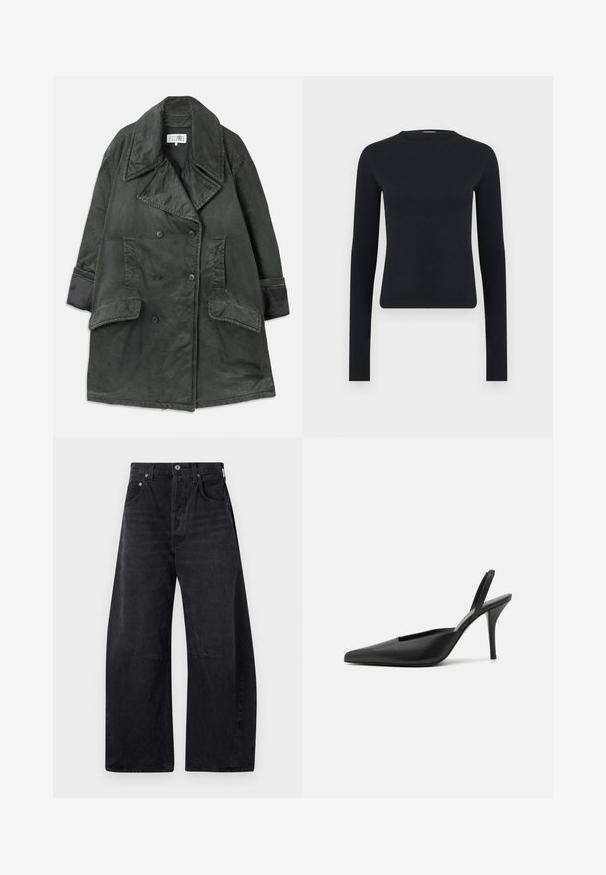 Mørkegrå dobbeltradet trenchcoat med brede slag, to store klaplommer, sidelommer og ærmedetaljer på en ensfarvet baggrund.; Sort langærmet tætsiddende crop-top med rund halsudskæring, lavet af ribstrikket stof, vist på ensartet lysegrå baggrund.; Citizens of Humanity HORSESHOE - Jeans Relaxed Fit - black; Sorte slingback høje sko med spidse tæer, glat lædermateriale og et elegant, minimalistisk design. Høj stiletto hæl.