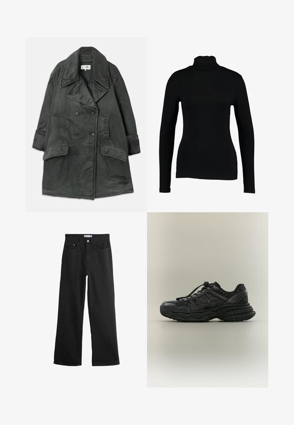 Mørkegrå dobbeltradet trenchcoat med brede slag, to store klaplommer, sidelommer og ærmedetaljer på en ensfarvet baggrund.; Sort langærmet turtleneck top lavet af glat stof, med et tætsiddende design og høj hals, velegnet til lag-på-lag brug eller som en selvstændig beklædningsgenstand.; Sorte vidde-benjeans i denim med frontknap, lynlås, bæltestropper og fem-lomme-design.; Sort chunky sneaker med blomsterprint, tyk tekstureret sål og snørelukning med trykknap, vist fra siden på en ensfarvet baggrund.