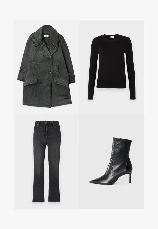 Gabardina de doble botonadura en gris oscuro con amplios solapas, dos grandes bolsillos de solapa, bolsillos laterales de ojal y detalles en los puños sobre un fondo liso.; Camiseta negra de manga larga hecha de una tela suave y lisa. Presenta un escote redondo y una forma ajustada, sin patrones ni acentos visibles.; Vaqueros de mezclilla negra de talle alto con un diseño de pierna recta, que cuentan con cinco bolsillos y cremallera, en una tela suave y ligeramente desgastada.; Botas negras hasta el tobillo hechas de cuero suave, con punta afilada, caña ajustada y tacón alto delgado. Diseño minimalista sin herrajes visibles.