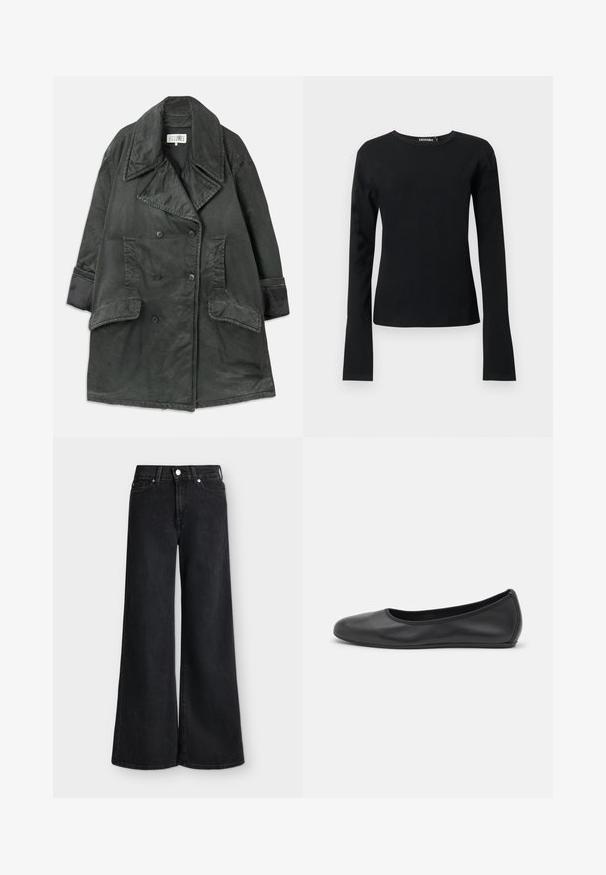 Mørkegrå dobbeltradet trenchcoat med brede slag, to store klaplommer, sidelommer og ærmedetaljer på en ensfarvet baggrund.; Sort tætsiddende langærmet t-shirt med rund hals og lige kant samt glat stof, vist mod en ensartet lys baggrund.; Sorte jeans med høj talje og vide ben med knapper og lynlås foran, med to forlommer og bæltestropper.; Sort læderballetsko med rund tå, glat tekstur, minimal syning og et fleksibelt såldesign.