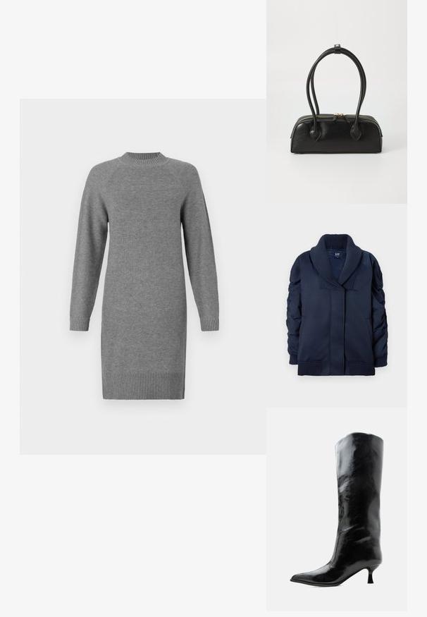 Veste bleu marine avec col châle à côtes, manchons froncés, poches avant, ainsi que des poignets et un ourlet à côtes, pliée à plat sur fond blanc.; Robe en tricot gris à manches longues et longueur genoux, avec col, poignets et ourlet côtelés sur un fond blanc.; Botte en cuir noire brillante, haute jusqu'au genou, avec bout pointu et talon bas courbé sur un fond clair uni.; Sac à main en cuir noir avec deux anses allongées, fermeture éclair et forme arrondie ; texture lisse avec une finition légèrement brillante.