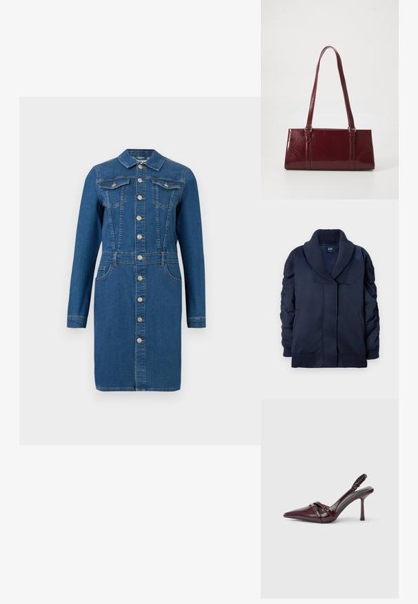 Veste bleu marine avec col châle à côtes, manchons froncés, poches avant, ainsi que des poignets et un ourlet à côtes, pliée à plat sur fond blanc.; Robe longue en denim bleu à manches longues avec col, fermeture à boutons sur le devant, poches poitrine et hanches, et détails de couture ajustés à la taille.; Escarpin slingback en cuir verni bordeaux avec bout pointu, fine bride à la cheville et petit détail décoratif de boucle. Texture lisse et talon haut.; Sac à main bordeaux en matériau brillant, de forme rectangulaire, avec deux anses et des accents légèrement courbés à l'avant.