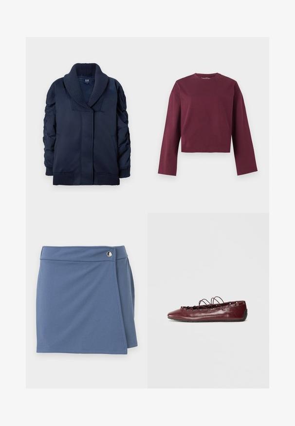 Navyblauwe jas met geribbelde sjalkraag, geraffineerde mouwen, voorzakken en geribbelde manchetten en onderrand, plat gevouwen op een witte achtergrond.; Donkere bordeauxrode cropped top met lange mouwen, een ronde hals en een losse pasvorm, weergegeven op een effen lichte achtergrond.; Blauwe rok in wikkelstijl met een hoge tailleband en een zilveren knoopsluiting aan de rechterkant, afgebeeld tegen een witte achtergrond.; Bordeaux leren ballerina's met een spitse neus, kantdetails aan de voorkant en zilveren oogjes. Zachte zool voor flexibiliteit en comfort.