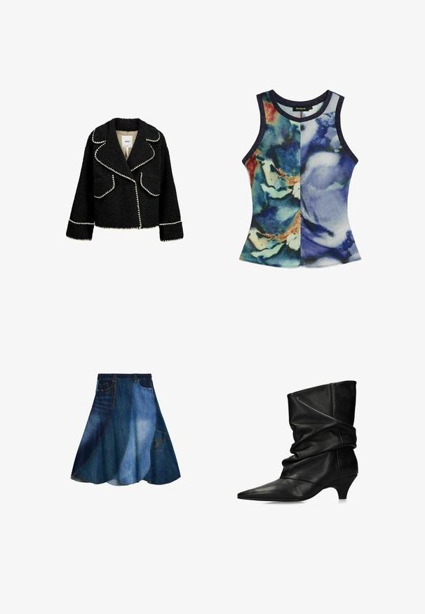 Veste noire en tissu texturé avec des finitions blanches. Elle possède un col à revers, deux poches avant et une coupe courte.; Haut sans manches pour femme avec col rond et imprimé aquarelle abstrait bleu, vert et beige, avec bords foncés.; Jupe en jean avec un design patchwork dans différentes nuances de bleu, forme évasée et une poche latérale. Texture lisse et style décontracté.; Botte en cuir noire mi-mollet avec un bout pointu, un dessus souple et un petit talon kitten.