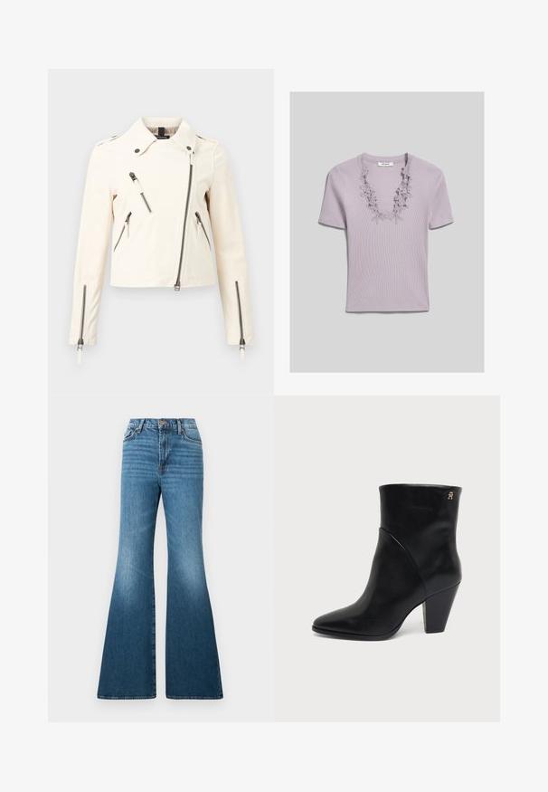 Veste asymétrique écru avec fermeture éclair, col, quatre poches éclair visibles et manches longues avec poignets zippés.; Haut en maille côtelée lilas à manches courtes avec un décolleté en V profond orné d’une bordure en dentelle florale, présenté à plat sur un fond gris.; Jean évasé bleu en denim, avec une taille haute, un léger délavage et des détails de coutures sur les poches et les coutures.; Bottine en cuir noir à bout pointu, talon carré et petit logo doré près du bord supérieur sur le côté extérieur.