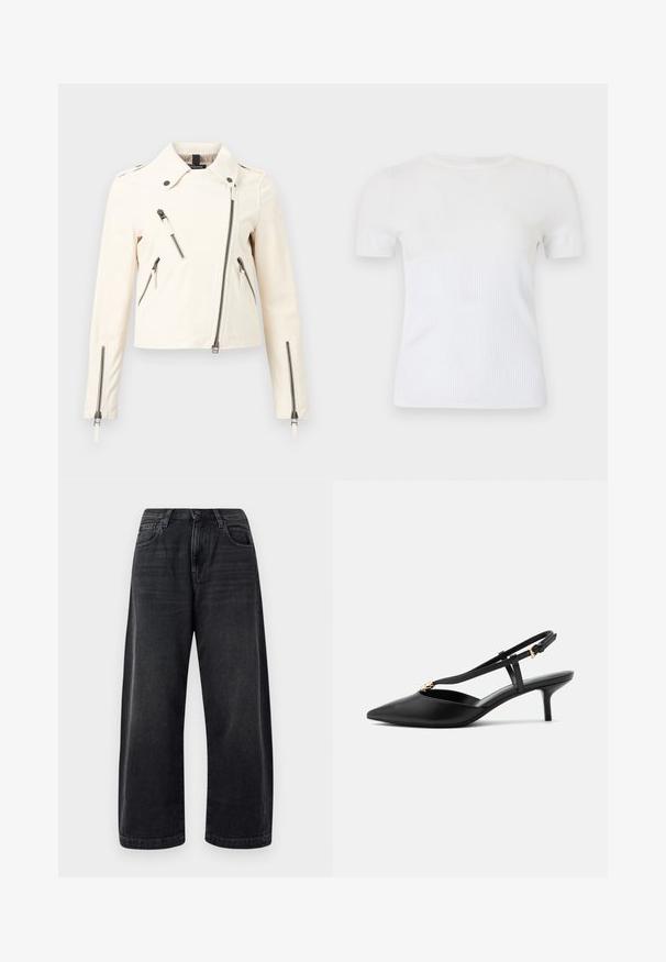 Veste asymétrique écru avec fermeture éclair, col, quatre poches éclair visibles et manches longues avec poignets zippés.; T-shirt blanc à manches courtes en matière tricotée côtelée. Présente un col rond et une silhouette ajustée. Texture lisse sur toute la surface.; Jean noir à jambes larges en denim, présentant un design classique à cinq poches, un léger délavage et une fermeture à bouton à la taille.; Escarpin slingback en cuir noir à petit talon kitten, bout pointu, fine bride en T, boucle réglable et petite décoration dorée sur la bride.