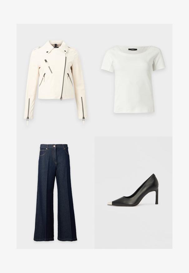 Veste asymétrique écru avec fermeture éclair, col, quatre poches éclair visibles et manches longues avec poignets zippés.; Haut blanc en coton à manches courtes pour femmes avec un large col rond sur un fond clair uni.; Jean en denim bleu foncé à jambes larges, avec bouton sur le devant et poches, présenté sur fond blanc.; Chaussure à talon haut en cuir noir avec bout pointu et capuchon argenté métallique. Présente une finition lisse et un talon fin de 10 cm.