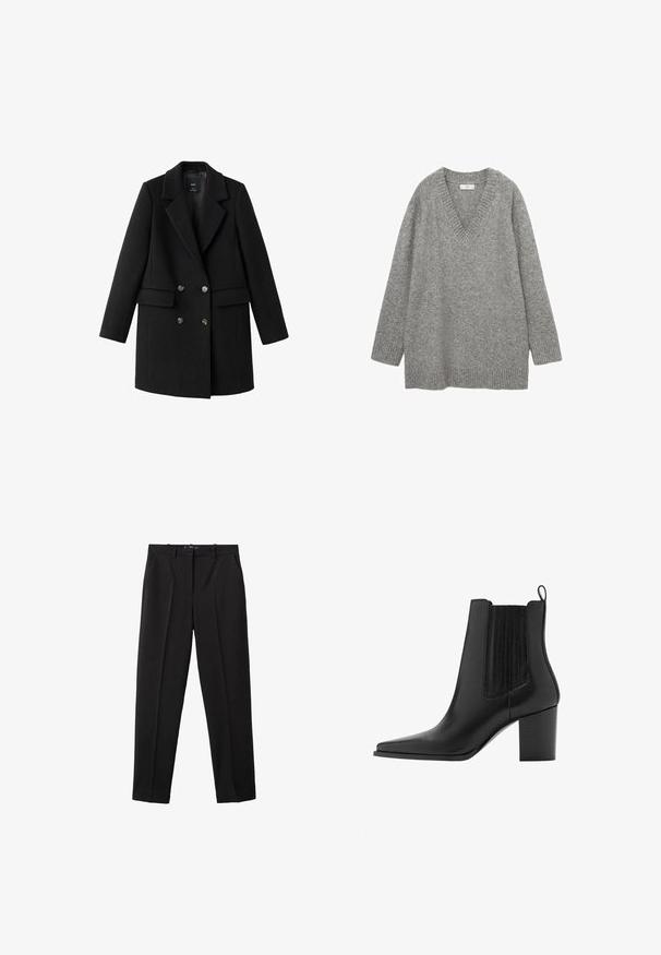 Manteau noir en mélange de laine avec un devant croisé, un col cranté, deux poches latérales et des boutons métalliques. Maintient une silhouette structurée.; Pull gris en tricot avec un col en V, des manches longues, des poignets et un ourlet côtelés. Texture douce, coupe décontractée, sans motifs ni graphiques visibles.; Pantalon noir en tissu lisse, doté d'une coupe droite, de plis, et d'une fermeture simple. Style classique et polyvalent.; Bottine en cuir noir avec bout pointu, talon bloc, languette de traction et panneaux latéraux élastiques pour faciliter l'enfilage.