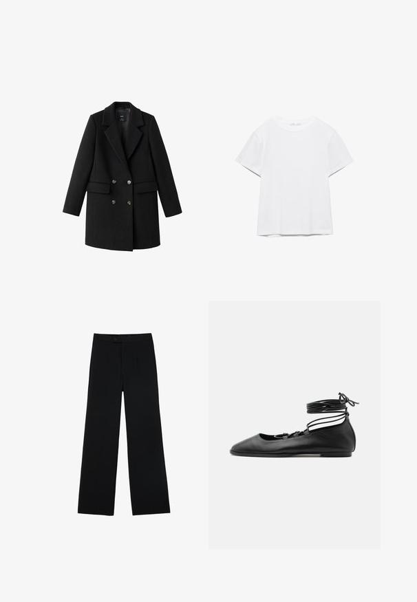 Manteau noir en mélange de laine avec un devant croisé, un col cranté, deux poches latérales et des boutons métalliques. Maintient une silhouette structurée.; T-shirt blanc uni à manches courtes et col rond, avec un ourlet droit, présenté sur un fond blanc.; Pantalons noirs à jambes larges en tissu lisse, dotés d'une fermeture à bouton à l'avant et de deux plis pour un détail supplémentaire. Design ajusté dans l'ensemble.; Chaussure de ballet plate en cuir noir avec un bout pointu, plusieurs fines brides sur le dessus et des lacets enroulés autour de la cheville.