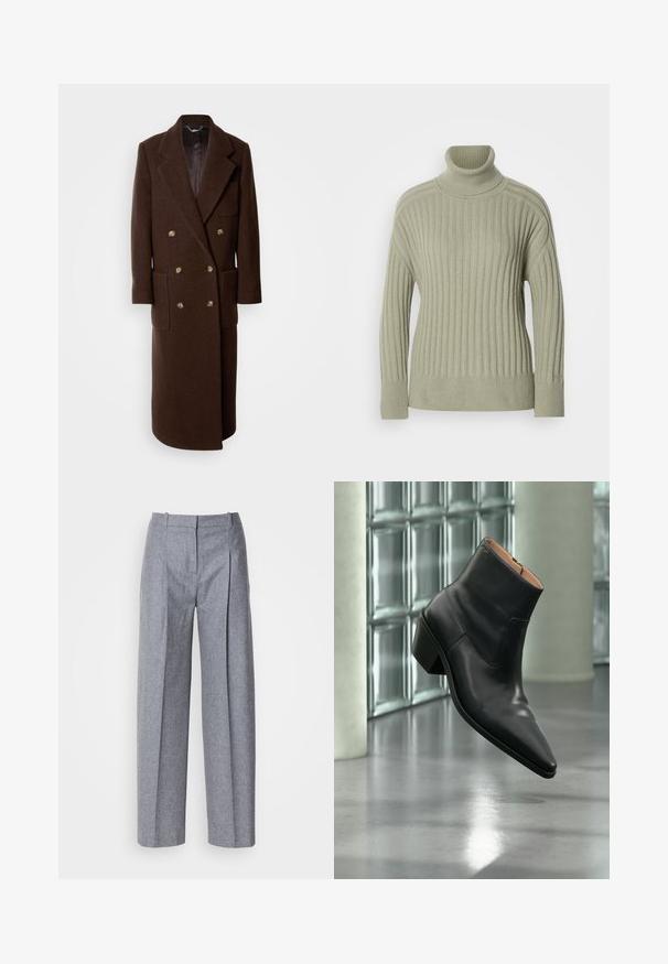 Brauner Wollmantel mit doppelt geknöpftem Design, großen Revers, vier Fronttaschen und goldfarbenen Knöpfen. Lange Länge mit glattem Innenfutter.; Hellgrüner Rollkragenpullover aus geripptem Strickstoff. Dropped-Shoulder-Design, minimale Nahtdetails und lange Ärmel.; Helle graue weit geschnittene Hosen aus strukturiertem Stoff, mit Falten vorne und einem taillierten Bund. Minimalistisches Design, keine sichtbaren Beschläge.; Schwarzer Leder-Stiefelette mit spitzer Schuhspitze und Blockabsatz, der über einem reflektierenden grauen Boden nahe einer Glassteinwand schwebt.