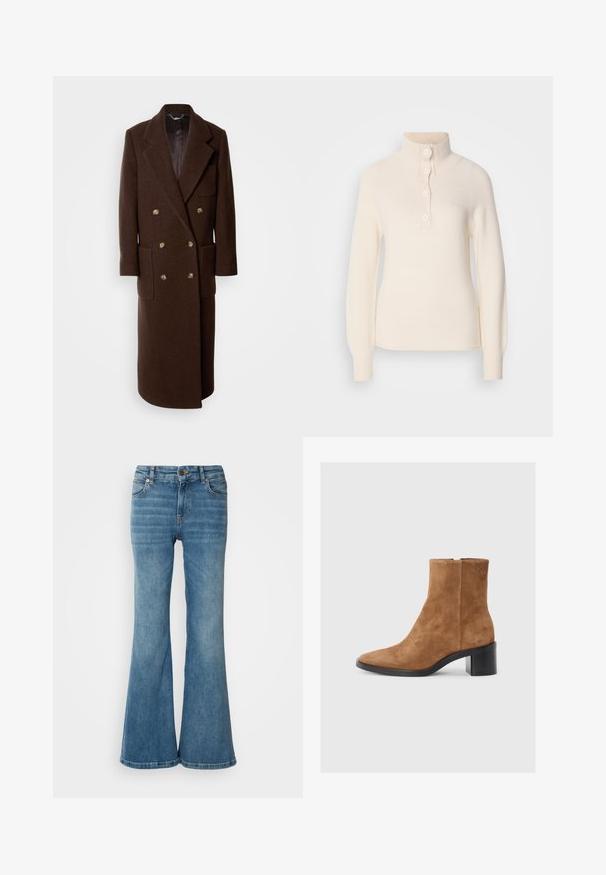Brauner Wollmantel mit doppelt geknöpftem Design, großen Revers, vier Fronttaschen und goldfarbenen Knöpfen. Lange Länge mit glattem Innenfutter.; Cremfarbener Pullover mit hohem Kragen, der eine Knopfleiste mit vier Knöpfen sowie gerippte Bündchen und Saum aufweist. Hergestellt aus weichem, strukturiertem Stoff.; Hellblaue, weit geschnittene Jeans aus Denim, mit fünf Taschen, sichtbaren Nähten und einem Knopf- sowie Reißverschlussverschluss an der Taille.; Braune Wildleder-Schnöe mit spitzem Zehenbereich, mittlerem Blockabsatz und dezent geprägtem Logo-Detail. Reißverschluss an der Seite.