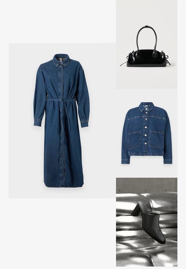 Mørkeblå denimjakke med knaplukning, to forlommer, en spids krave og synlige sømme langs sømmene.; Denim skjorte kjole i mørkeblå, med knaplukning foran, krave, lange ærmer, elastisk talje med en matchende bælte og side lommer.; Sort lædermule med blokhæl hvilende på en skinnende sølvpolstret overflade, der fremhæver dens elegante design og buede detaljer.; Lille sort blank håndtaske med to lange håndtag og snøre-detaljer i siden på en ensfarvet lys baggrund.