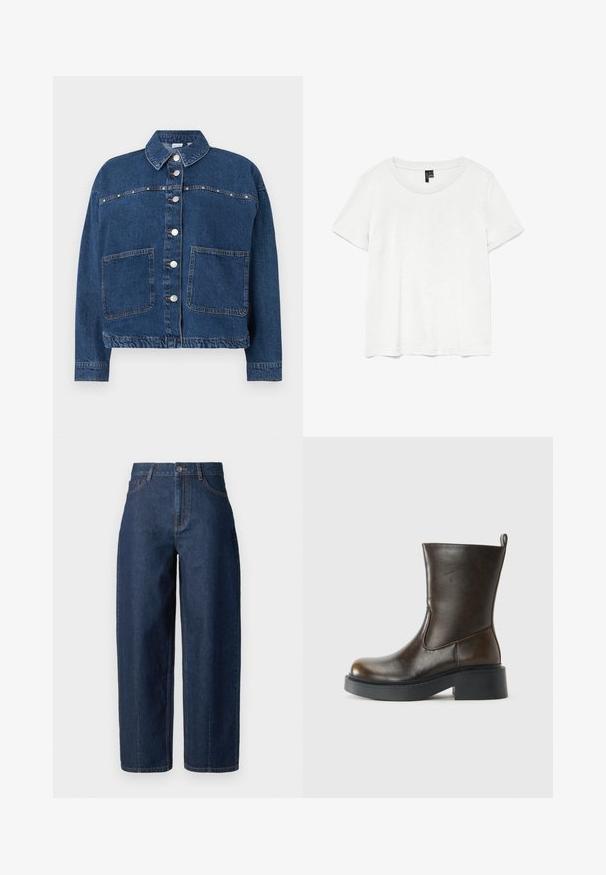 Mørkeblå denimjakke med knaplukning, to forlommer, en spids krave og synlige sømme langs sømmene.; Hvid kortærmet t-shirt med rund halsudskæring, lavet af letvægtsstof. Enkel design, glat tekstur og lige kant.; Mørkeblå højtaljede straight-leg denim jeans med knaplukning, bæltestropper og for- og baglommer på en hvid baggrund.; Mørkebrune læderstøvler til midten af læggen med rund tå, tyk sort sål, lav blokhælel og en trækflap bagpå.