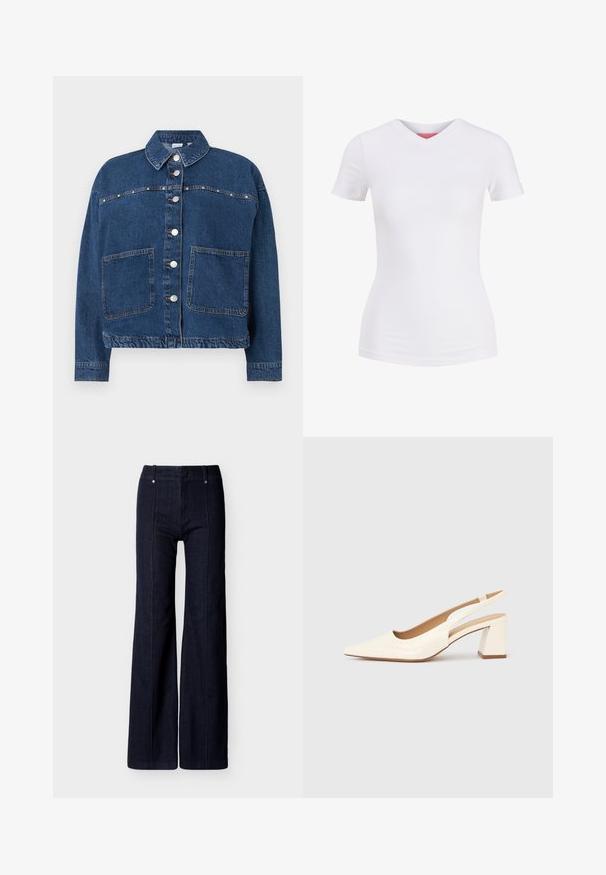 Mørkeblå denimjakke med knaplukning, to forlommer, en spids krave og synlige sømme langs sømmene.; Hvid tætsiddende T-shirt med korte ærmer og V-hals vist på en ensfarvet baggrund med frontvisning.; Mørkeblå vidde-ben denimjeans med høj talje og lodrette syninger foran på hvid baggrund.; Slingback-pumpe i blank cremefarvet laklæder, med spids snude og kraftig firkantet hæl for stabilitet. Minimalistisk design uden pynt.