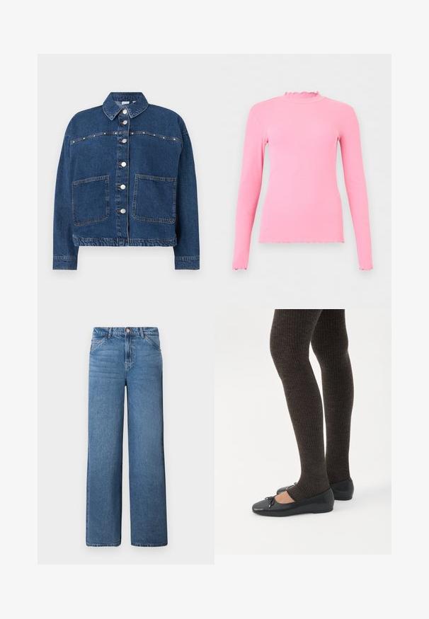 Mørkeblå denimjakke med knaplukning, to forlommer, en spids krave og synlige sømme langs sømmene.; Pink langærmet ribbet top med flæsekant på krave, manchetter og kant, vist mod en ensartet lys baggrund.; Lysblå denim bukser med vid ben og høj talje, der har en skjult lynlås og knaplukning samt markant syning på forlommerne.; Ben iført mørke ribbede leggings kombineret med sorte balletsko med små sløjfedetaljer på hvid baggrund.