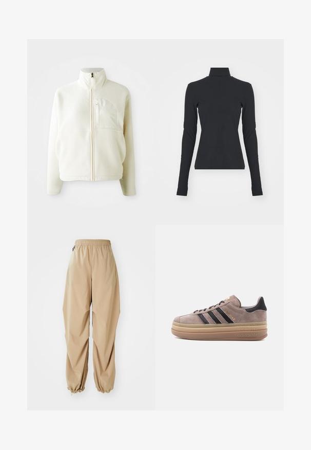 Hvid fleecejakke med høj krave, fuld lynlås og en brystlomme. Blød tekstur og afslappet design.; Sort ribbet turtle neck bluse med lange ærmer, tætsiddende pasform, glat tekstur og subtil stræk, designet til komfort og lagdeling.; Beige letvægtsbukser med elastisk talje, tapered manchetter og en glat tekstur, der har en afslappet pasform og ingen synlige mønstre eller udsmykninger.; Grå ruskindssneakers med tre sorte striber, guldbranding og en tan, chunky sål. Har teksturerede accenter på hælen.