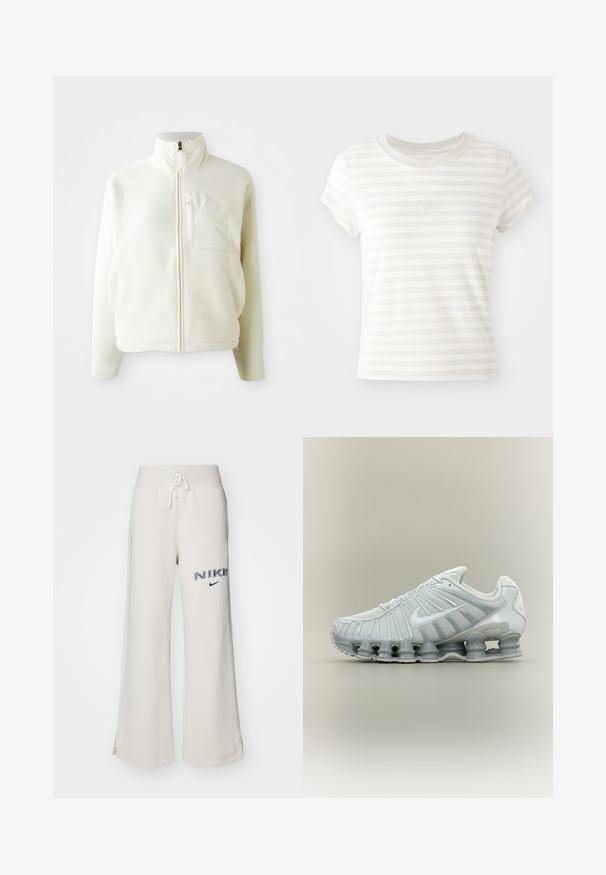 Chaqueta de forro polar blanca con un alto cuello, cierre de cremallera completa y un bolsillo en el pecho. Textura suave y diseño casual.; Camiseta de tirantes cortos a rayas blancas, hecha de algodón suave. Presenta un cuello redondo y un pequeño logo de Nike bordado en el pecho.; Pantalones de chándal anchos de color beige claro, con cinturilla elástica y cordón, aberturas laterales y logo bordado de "NIKE" en azul oscuro.; Zapatilla deportiva Nike blanca y gris con diseño de rayas verticales y estructura distintiva de suela tipo resorte.