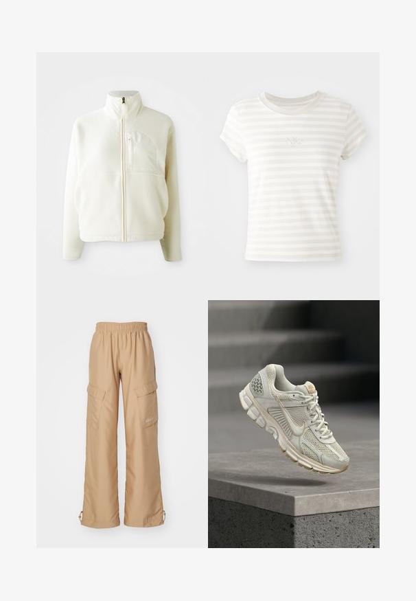 Wit fleece jack met hoge kraag, volledige ritssluiting en een borstzak. Zachte textuur en casual ontwerp.; Witte gestreepte t-shirt met korte mouwen, gemaakt van zachte katoen. Heeft een ronde hals en een klein geborduurd Nike-logo op de borst.; Nike Sportswear TREND - Cargobroek - hemp; Lichtbeige hardloopschoen met bovenwerk van mesh, zachte voering, rubberen zool en tan accenten. Heeft een prominente zij-swoosh logo en getextureerde panelen.