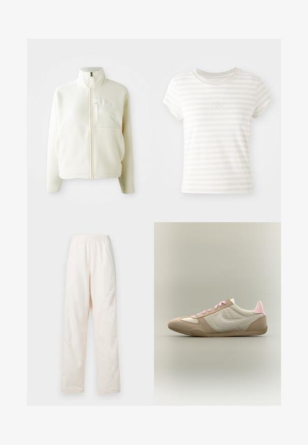 Wit fleece jack met hoge kraag, volledige ritssluiting en een borstzak. Zachte textuur en casual ontwerp.; Witte gestreepte t-shirt met korte mouwen, gemaakt van zachte katoen. Heeft een ronde hals en een klein geborduurd Nike-logo op de borst.; Loszittende, crèmekleurige broek met elastische taille en een rechte pijp, weergegeven tegen een effen witte achtergrond.; Low-profile beige-witte sneaker met roze veters en hielaccent, met Nike swoosh aan de zijkant tegen een effen achtergrond.