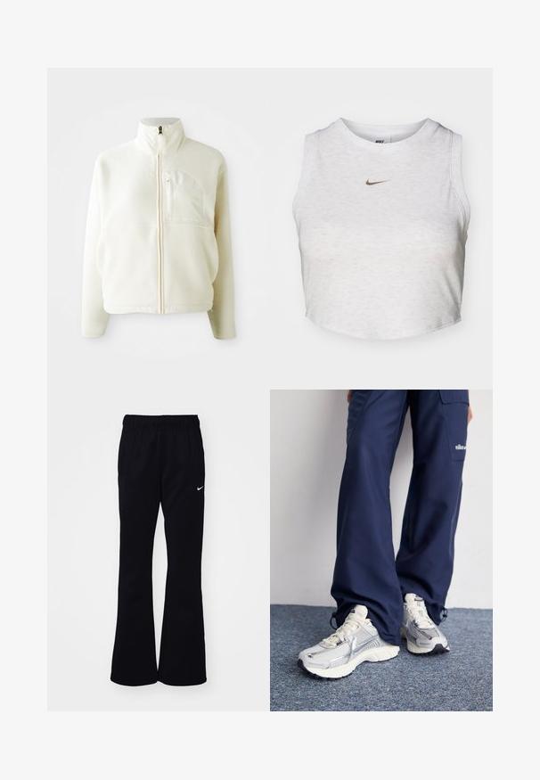 Wit fleece jack met hoge kraag, volledige ritssluiting en een borstzak. Zachte textuur en casual ontwerp.; Witte crop top van zacht, textuurachtig stof. Heeft een ronde hals en een mouwloos ontwerp met een klein gouden Nike-logo aan de voorkant.; Zwarte joggingbroek met een elastische tailleband, uitlopende pijpen, twee zijzakken en een wit Nike-logo aan de linkerkant.; Nike hardloopschoenen met een zilveren mesh bovenkant, witte accenten en structuurzolen, gecombineerd met luchtige navy broeken.
