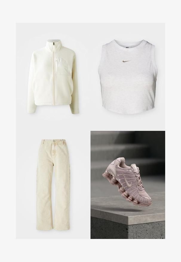 Wit fleece jack met hoge kraag, volledige ritssluiting en een borstzak. Zachte textuur en casual ontwerp.; Witte crop top van zacht, textuurachtig stof. Heeft een ronde hals en een mouwloos ontwerp met een klein gouden Nike-logo aan de voorkant.; Beige wijdvallende denimbroek met een hoge taille, voorzien van een knoop- en ritssluiting aan de voorkant, riemlussen en zijzakken. Zachte textuur.; Nike Air Max schoenen in lichtroze, met een bovenwerk van mesh, een gewatteerde tong en een chunky, transparante zool met een golfpatroon.