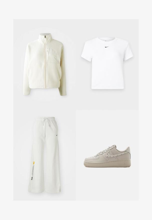 Hvid fleecejakke med høj krave, fuld lynlås og en brystlomme. Blød tekstur og afslappet design.; Hvid Nike cropped T-shirt med korte ærmer og en lille sort Nike swoosh-logo centreret under nakkekanten.; Hvide, brede sweatsbukser med elastisk talje, snøre, sidespalter, sort Nike-logo og kontrasterende gul grafisk tekst.; Lavtop beige læder sneaker med nitter på Nike swoosh, perforeret tå og tyk gummisål mærket "AIR" på siden.