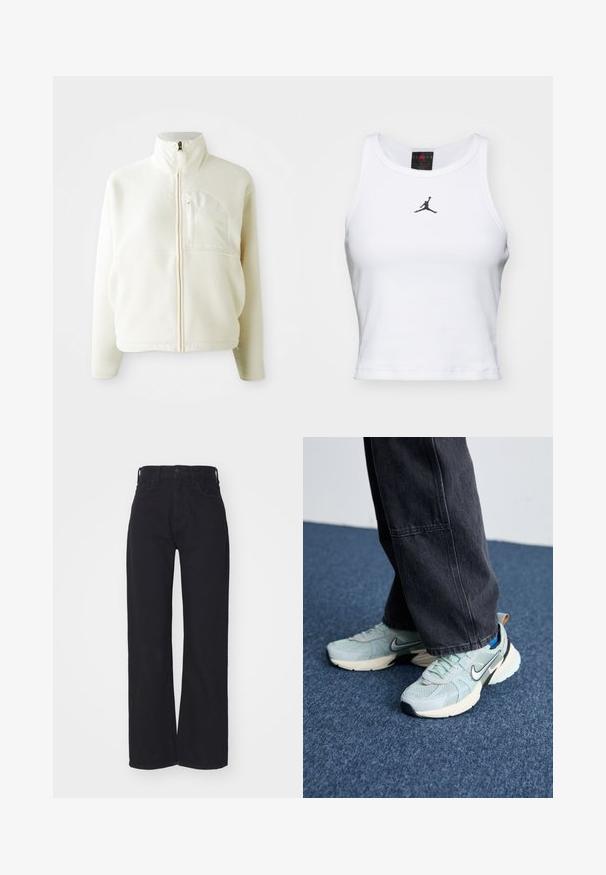 Hvid fleecejakke med høj krave, fuld lynlås og en brystlomme. Blød tekstur og afslappet design.; Hvid cropped tanktop lavet af bomuld med ribbet tekstur. Har et sort Jordan-logo i midten og en klassisk rund halsudskæring.; Sorte højtaljede bredbenede jeans med frontknap og lynlås, bæltestropper og to forlommer på hvid baggrund.; Lyseblå mesh Nike sneakers med struktureret finish, sort swoosh og cremefarvet mellemsål, parret med mørkegrå vide bukser.