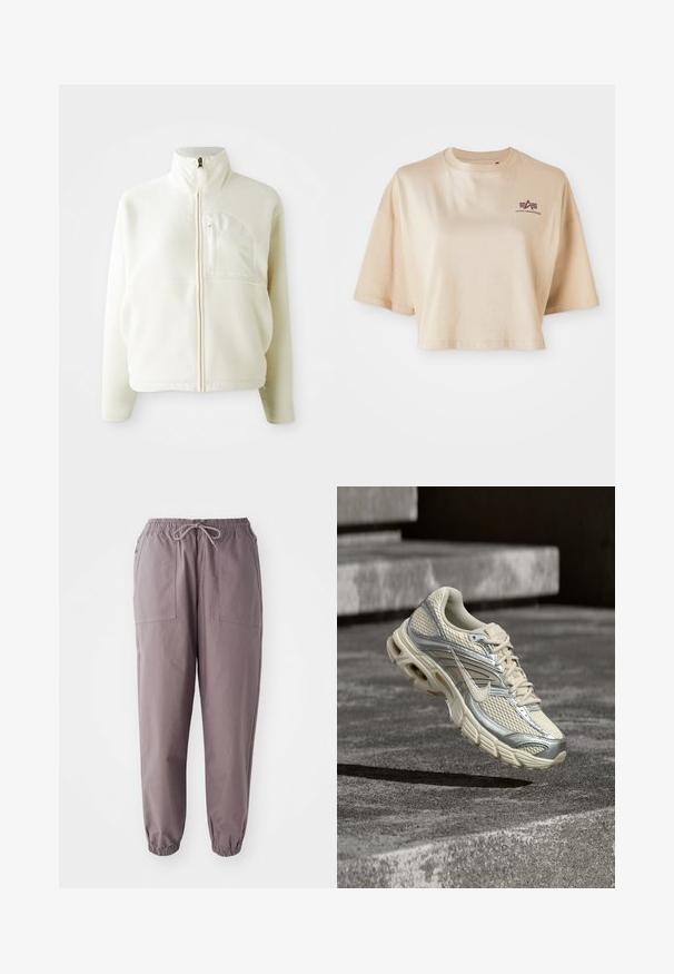Hvid fleecejakke med høj krave, fuld lynlås og en brystlomme. Blød tekstur og afslappet design.; Beige cropped t-shirt lavet af bomuld, med korte ærmer, en rund halsudskæring og et maroon logo grafik på venstre bryst.; Grå elastiske bukser med snøre i taljen, der har to frontlommer og tapered ankler, vist mod en hvid baggrund.; Beige og sølv Nike løbesko med mesh og snøredetaljer, svævende over betontrin.