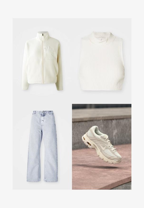 Wit fleece jack met hoge kraag, volledige ritssluiting en een borstzak. Zachte textuur en casual ontwerp.; Witte geribbelde mouwloze crop top met een hoge hals en subtiele knoopdetail bij de kraag, gemaakt van een gladde, rekbare stof.; Lichtblauwe denim wijde jeans met een hoge taille, knoopsluiting en vijf-pocket ontwerp. Zachte textuur en zichtbare stikdetails.; Lichtbeige sportschoen met een bovenwerk van mesh, een afgeronde neus en een gestructureerde middenzool. Voorzien van een gevoerde kraag en veters met een subtiel logo.